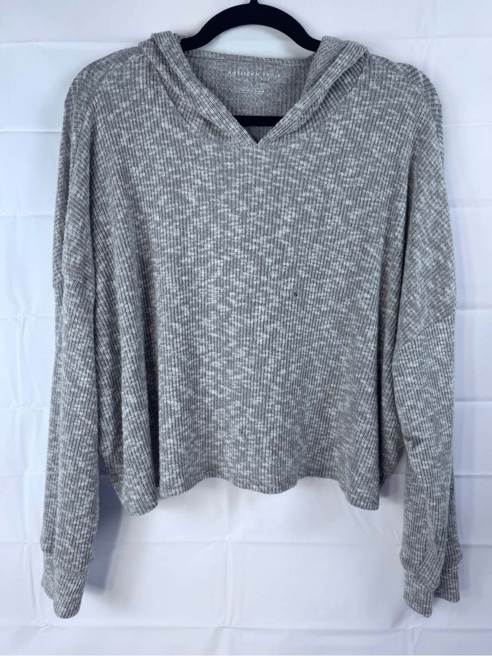 American Eagle Women's Small Gray Marled Ribbed Hooded Sweater Top